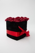 Flower Box, Black Velvet Flower box, Deep Red Real Touch Roses. Premium quality.