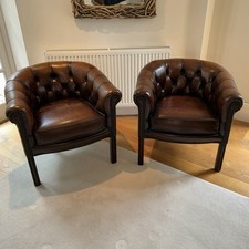 Pair of vintage Button, Round-backed Leather Club Chairs