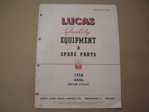 Lucas equipment parts list - list, '58