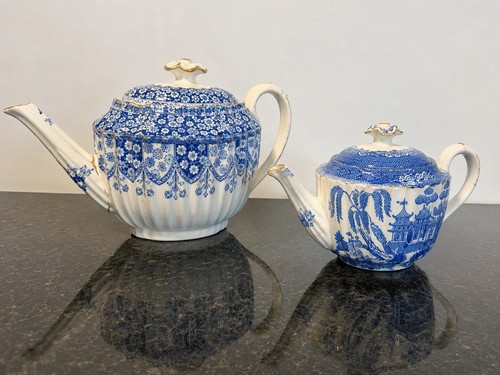Spode blue white teapots pair - spode,