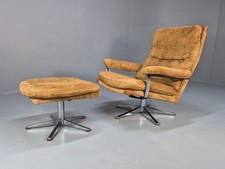 1970s Swivel Chair and Footstool Gold Corduroy Chrome Danish Elu EB10688 MSWI