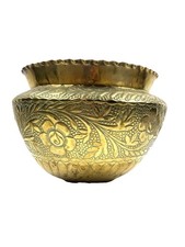 Antique Brass Hand Tooled Gilt Embossed Flower Pot Cache Planter Vintage + Spoon