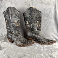 Corral Boots Snip Toe Cowboy Womens 12 M Crackled Black Inlaid Reptile & Leather