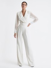 REISS Flora Sheer Belted Double Breasted Jumpsuit in Ivory