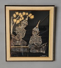 Vintage Framed Original Thai Painting on Silk - Floral Gold Goddess - Signed