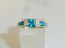 Ladies 925 Solid Silver Princess Cut Aquamarine Solitaire With Opal Accents Ring