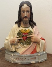 Antique French Religious Jesus Chalkware Bust Signed Sculpture Louis Delaunay