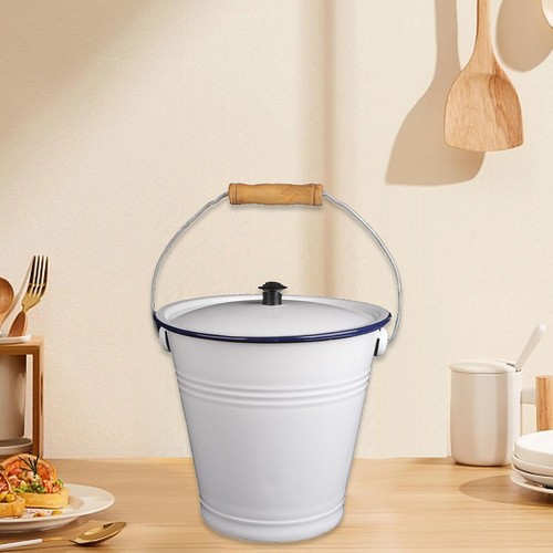 Enamel bucket with wood handle - with,