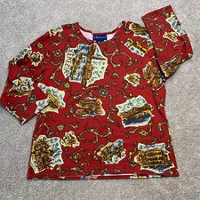 Artscapes Blouse Womens L Red Travel Print 3/4 Sleeve Art-to-Wear Artsy Travel 