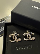 Gold White Pearl Diamanté Black Stud  Chanel CC Earrings 