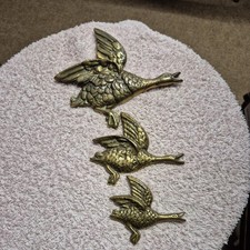 Bronze Brass Flying Ducks Figures Set of 3 Vintage Wall Hanging