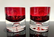 Handmade Ruby Red & Clear Glass Bubble Base Tea light Candle Holders - Pair
