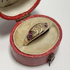 Antique Victorian 14K Ruby Seed Pearl Ring Sz 7.5 Gypsy Band Ring Hand Chased