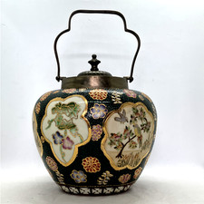 Antique japanese biscuit barrel metal handle & lid decorative early 20th Century
