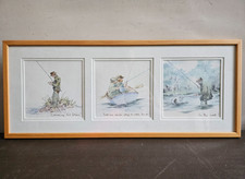 Framed Trio of Humorous Fly Fishing Prints "Checking his flies" "In the net" VGC