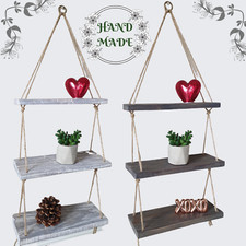 3 Tier Handmade Rope Wall Hanging Shelves Natural Wood Floating Ladder Planter 