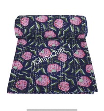 Indian Handmade Quilt Vintage Kantha Bedspread Throw Cotton Blanket Block Print