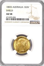 SCARCE 1883 NGC AU58 Sydney Shield Back Victoria Gold Full Sovereign Coin 1883S