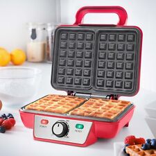 Red Double Waffle Maker 1000W Machine 2 Belgian Waffles Non-Stick Easy Clean