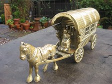 Vintage Heavy Brass Model of a Horse-Drawn Romany Style Wagon ~ Over 5 Kilos