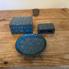 Antique Chinese Cloisonne Enamel Box Tray & Matchbox Cover 3 Piece Smoking Set