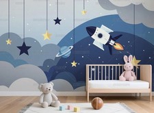 3D Cartoon Rocket Planet Kids Self-adhesive Removeable Wallpaper Wall Mural