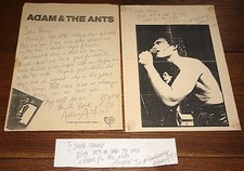 ADAM ANT HAND SIGNED HANDWRITTEN PERSONAL LETTER TO A FAN ON ANTS PAPER 1980 V