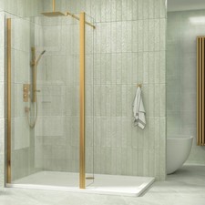 Brushed Brass Walk In Wet Room Shower Enclosure Screen with Flipper Panel Glass