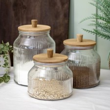 Set Of 3 Ribbed Glass Storage Jar With Acacia Wood Lids Kitchen Food Canisters