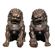 old Antique Classic Archaic Bronze lion pair Fu Foo Dog lions guard Statues