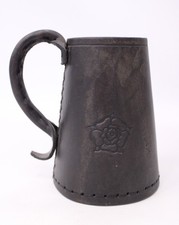 Vintage LEATHER TANKARD Black Hide Bound w/ Yorkshire Rose 6" - M28