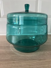 Vintage Polish Teal Glass Dish - Biscuit Barrel - Teal Dressing Table Jar 15 Cms