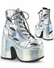 Demonia Chunky Heel, Lace-Up Ankle Boot Featuring Studded Holographic Bats on Va