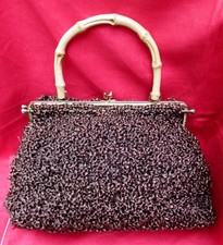 Large Hand Knitted Brown Raffia Handbag Satin Lined MEtal Frame Bamboo Handle