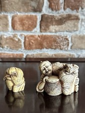 Pair of Japanese-Style Resin Netsuke Figures – Basket with Frog & Crouching Man