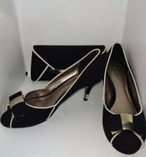 JACQUES VERT BLACK GOLD CREAM TRIM LOW HEEL SHOES AND MATCHING BAG UK 4 EU 37