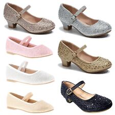 Girls Diamante Shoes Wedding Party Bridesmaid Low Heel Mary Jane Evening Sandals