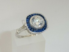 Ladies Art Deco Halo Style 925 Sterling Solid Silver White & Blue Sapphire Ring