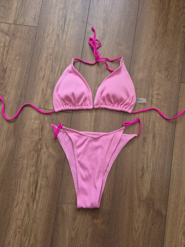 Pink ribbed triangle halter - pink,
