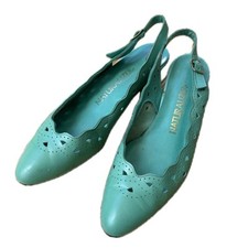 Vintage Aqua Leather Slingback Shoes Scallop Cutout Wedges / 8 Narrow