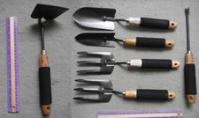 Assorted carbon steel garden hand tools: fork, weeder, trowel/hand spade, hoe