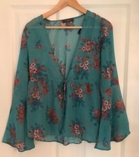 PRIMARK OVERSIZED BLUE FLORAL KIMONO STYLE JACKET BELL SLEEVES TIE WAIST SIZE 8