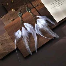 White Feather Earrings Long Boho Drop Fashion Jewellery Real Feather Earrings