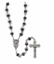 ROUND BLACK GLASS BEADS WITH CRUCIFIX AND MADONNA CENTER ROSARY CROSS CRUCIFIX