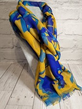 Scarf sarong coverall Yellow turquoise blue floral print fringe 74 x 180cm