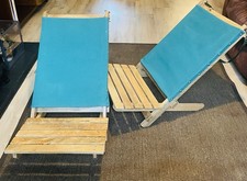 Pair sturdy hardwood folding deck chairs, teal canvas, fold flat.
