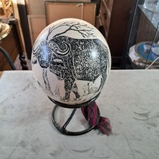 Vintage African Buffalo Painted Ostrich Egg, approx 5" Comes with metal stand.