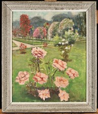 EDOUARD RICHARD (1883-1955) LARGE SIGNED FRENCH OIL CANVAS - FLOWERS IN A PARK