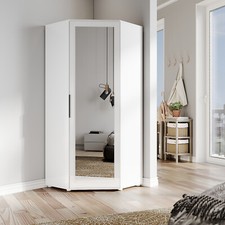 Modern High Gloss Corner Wardrobe Storage Cupboard with Mirror 2 Hanging Rails