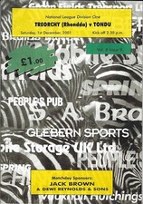 Treorchy v Tondu team info 1 Dec 2001 Treorchy RUGBY PROGRAMME